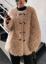 Stylish Pink O Neck Buckle Faux Fur Coat Winter