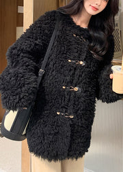 Stylish Pink O Neck Buckle Faux Fur Coat Winter