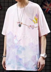 Stylish Pink O-Neck Embroideried Cotton Men T Shirts Summer