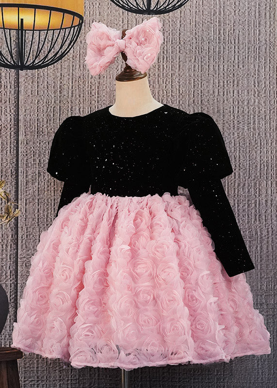 Stylish Pink O-Neck Floral Patchwork Tulle Kids Long Dresses Winter