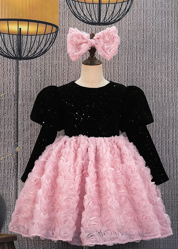 Stylish Pink O-Neck Floral Patchwork Tulle Kids Long Dresses Winter