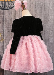 Stylish Pink O-Neck Floral Patchwork Tulle Kids Long Dresses Winter