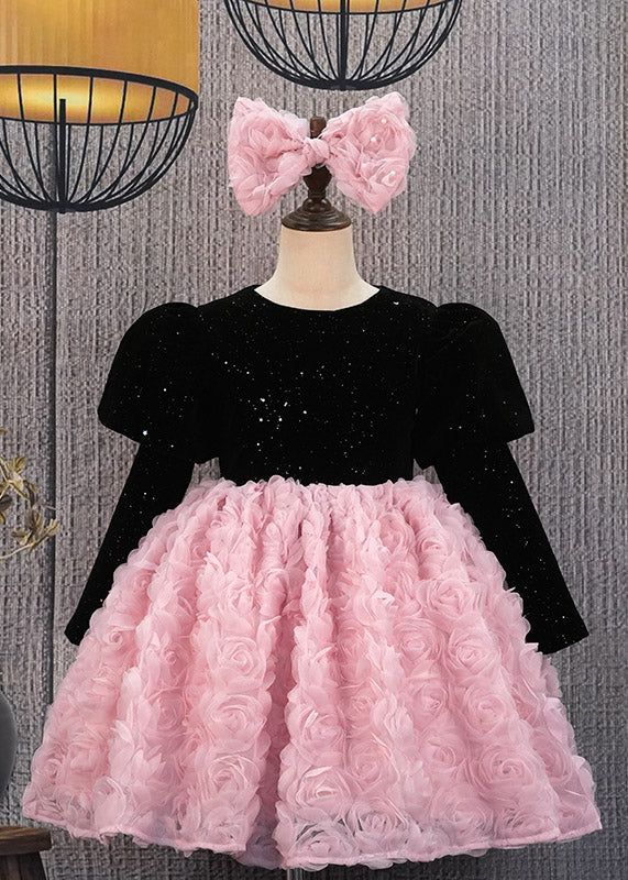 Stylish Pink O-Neck Floral Patchwork Tulle Kids Long Dresses Winter