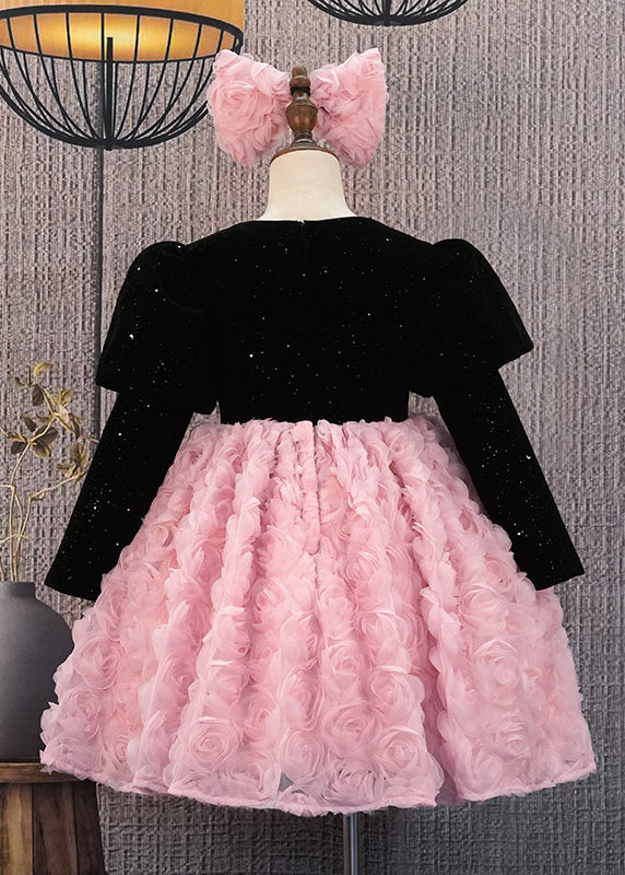 Stylish Pink O-Neck Floral Patchwork Tulle Kids Long Dresses Winter