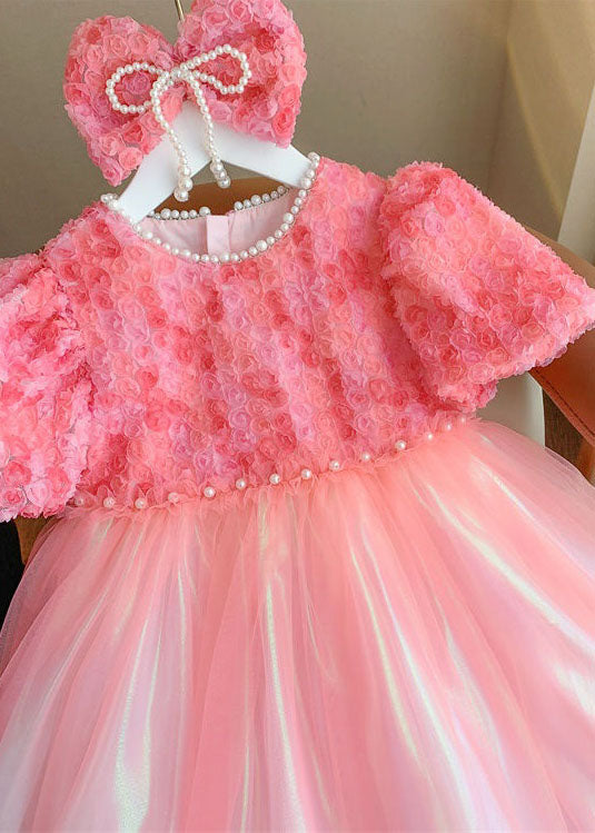 Stylish Pink O-Neck Nail Bead Patchwork Tulle Baby Girls Dresses Summer