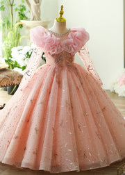 Stylish Pink O-Neck Square Tulle Kids Long Dress Long Sleeve