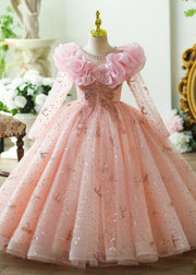 Stylish Pink O-Neck Square Tulle Kids Long Dress Long Sleeve