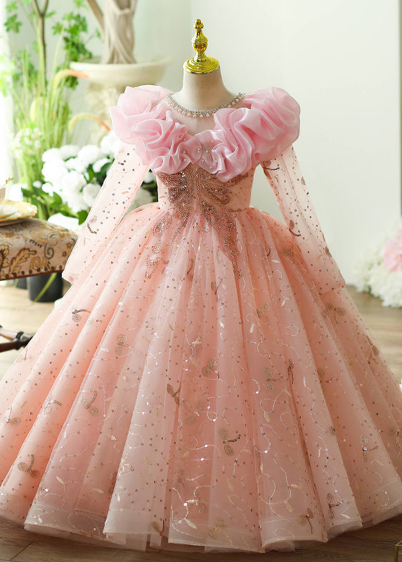 Stylish Pink O-Neck Square Tulle Kids Long Dress Long Sleeve