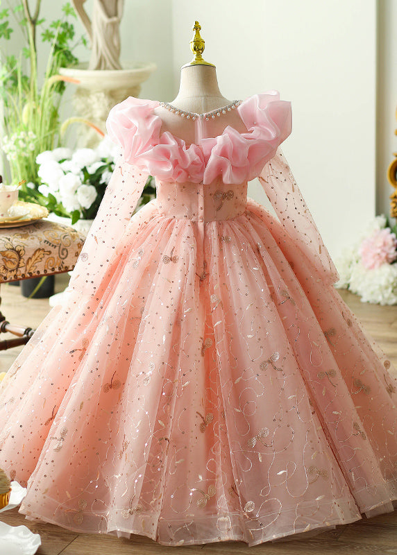 Stylish Pink O-Neck Square Tulle Kids Long Dress Long Sleeve