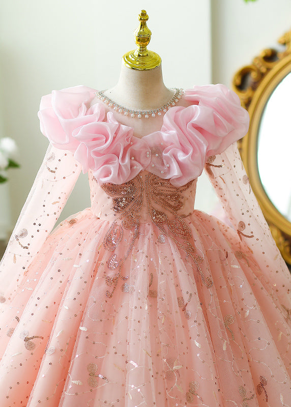 Stylish Pink O-Neck Square Tulle Kids Long Dress Long Sleeve