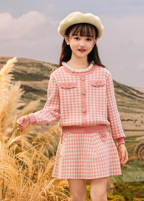 Stylish Pink O-Neck Striped Kids Top And Skirts Two Piece Set Spring