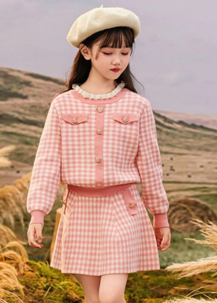 Stylish Pink O-Neck Striped Kids Top And Skirts Two Piece Set Spring