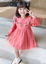 Stylish Pink O Neck Wrinkled Patchwork Cotton Kids Girls Dresses Fall