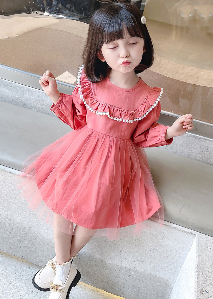 Stylish Pink O Neck Wrinkled Patchwork Cotton Kids Girls Dresses Fall