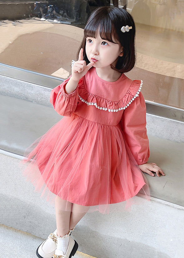 Stylish Pink O Neck Wrinkled Patchwork Cotton Kids Girls Dresses Fall