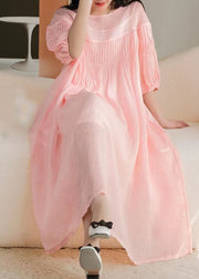 Stylish Pink O Neck Wrinkled Patchwork Long Linen Dress Summer