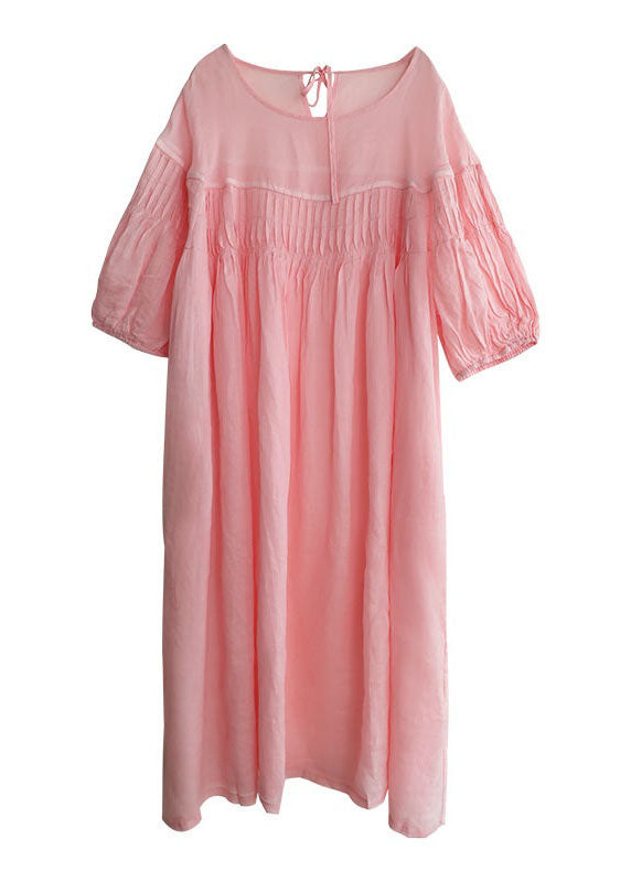 Stylish Pink O Neck Wrinkled Patchwork Long Linen Dress Summer