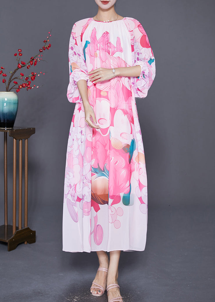 Stylish Pink Oversized Print Chiffon Beach Dresses Lantern Sleeve