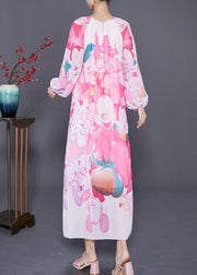 Stylish Pink Oversized Print Chiffon Beach Dresses Lantern Sleeve