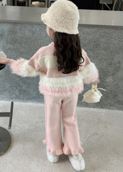 Stylish Pink Patchwork Cotton Knit Kids Sweaters And Pants Two Piece Set Spring