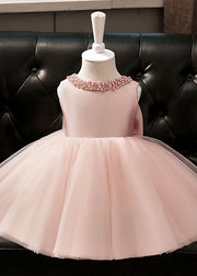 Stylish Pink Pearl Patchwork Bow Tulle Girls Maxi Dresses Summer