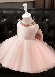 Stylish Pink Pearl Patchwork Bow Tulle Girls Maxi Dresses Summer