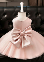 Stylish Pink Pearl Patchwork Bow Tulle Girls Maxi Dresses Summer