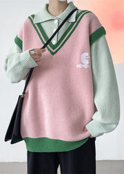 Stylish Pink Peter Pan Collar Button Patchwork Knit Mens Sweaters Spring