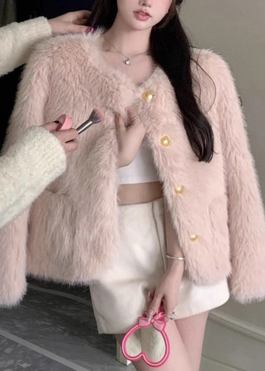 Stylish Pink Pockets Faux Fur Jacket Spring