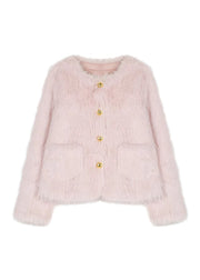 Stylish Pink Pockets Faux Fur Jacket Spring