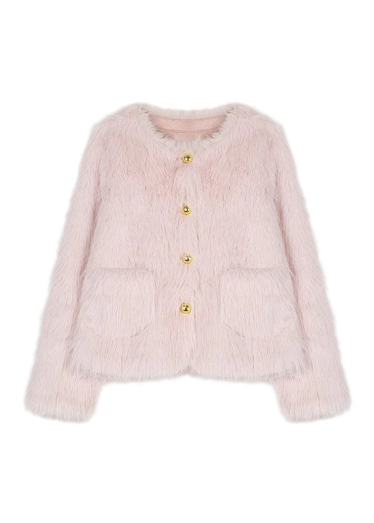 Stylish Pink Pockets Faux Fur Jacket Spring