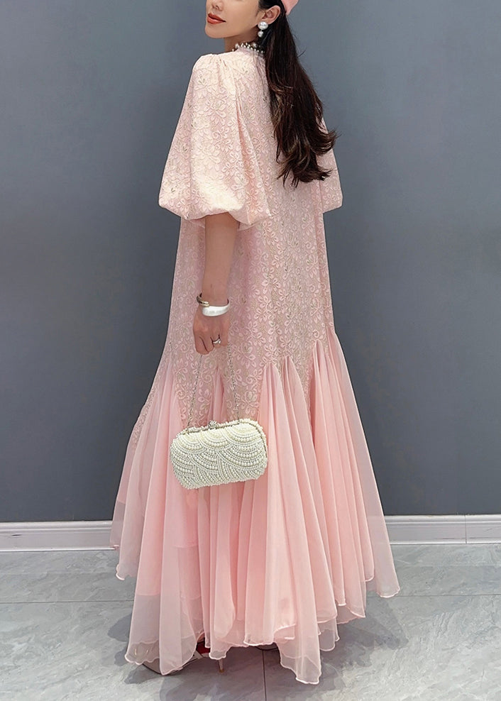 Stylish Pink Pockets Patchwork Chiffon Dress Summer