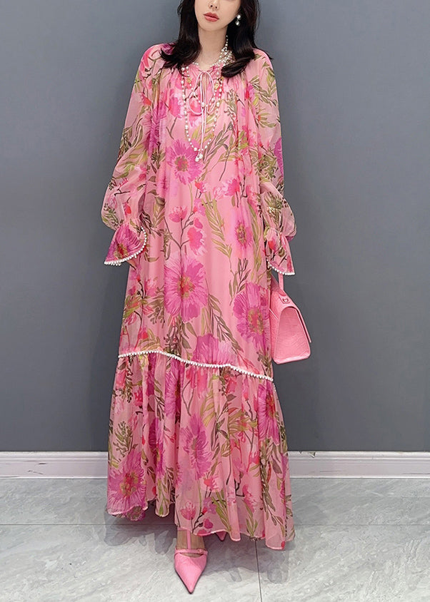 Stylish Pink Print Patchwork Chiffon Long Dress Fall