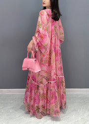 Stylish Pink Print Patchwork Chiffon Long Dress Fall