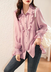 Stylish Pink Purple Ruffled Patchwork Chiffon Blouse Tops Summer