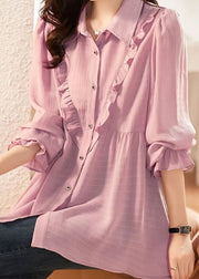 Stylish Pink Purple Ruffled Patchwork Chiffon Blouse Tops Summer