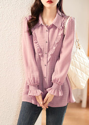 Stylish Pink Purple Ruffled Patchwork Chiffon Blouse Tops Summer