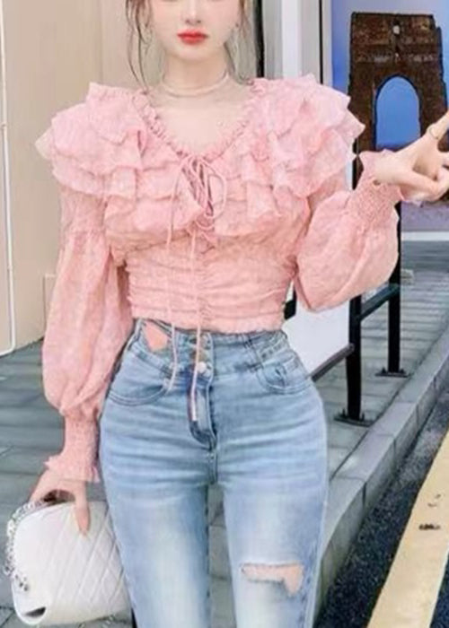 Stylish Pink Ruffled Lace Up Chiffon Blouses Long Sleeve