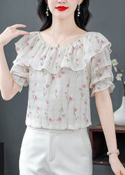 Stylish Pink Ruffled Print Chiffon Blouses Summer