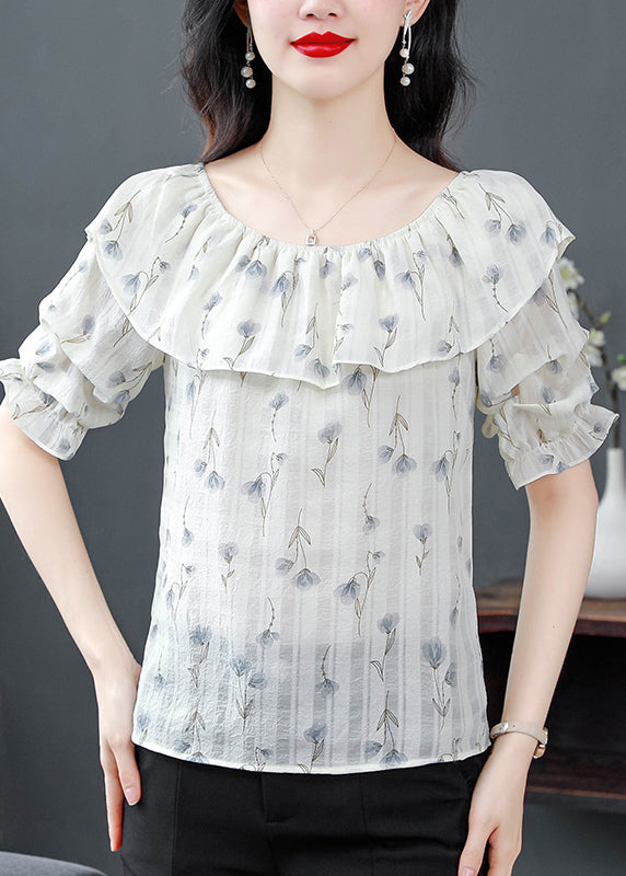 Stylish Pink Ruffled Print Chiffon Blouses Summer