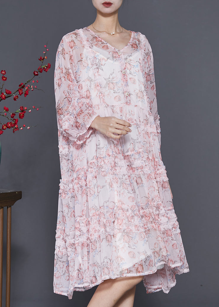 Stylish Pink Ruffled Print Chiffon Dress Spring