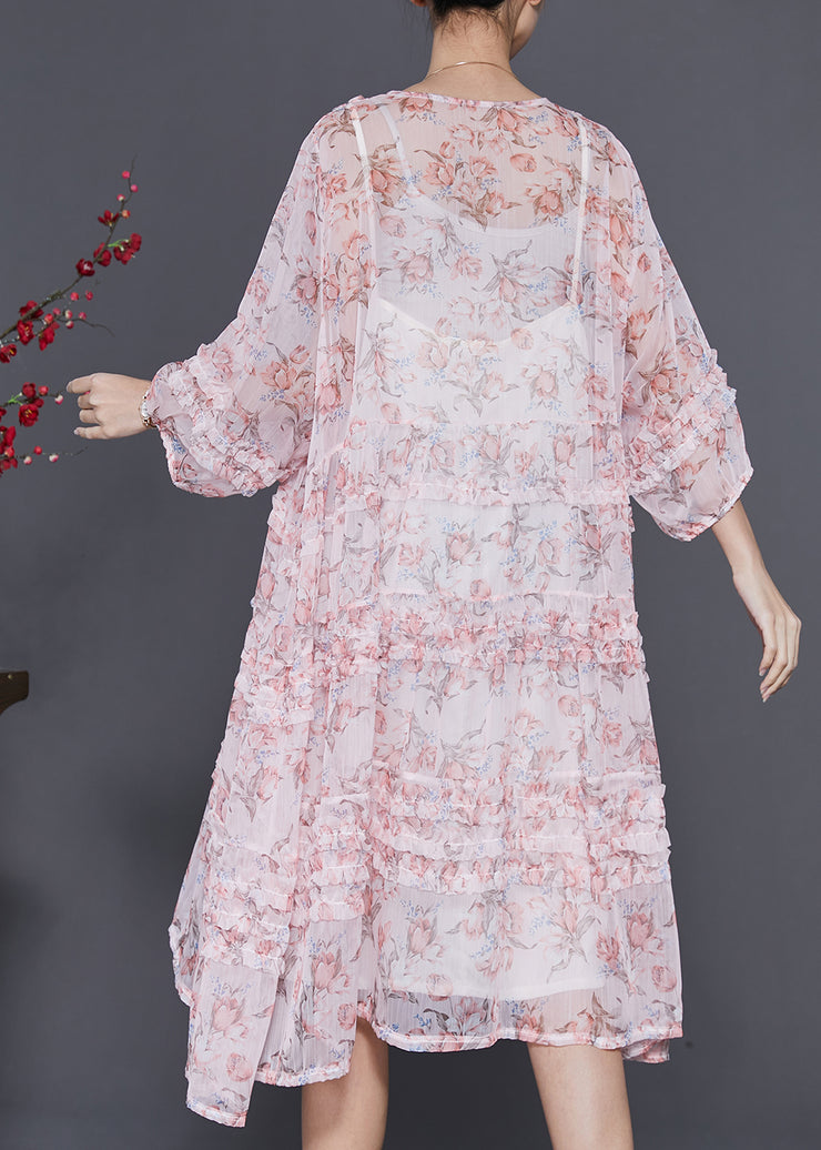 Stylish Pink Ruffled Print Chiffon Dress Spring