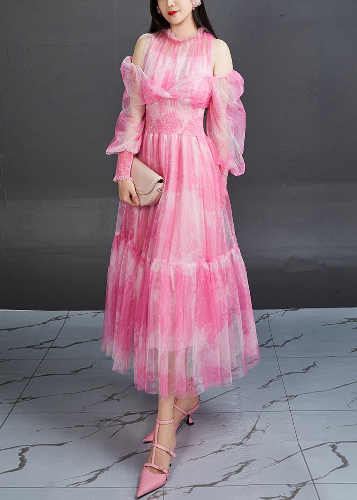 Stylish Pink Ruffled Print Elastic Waist Tulle Long Dresses Fall