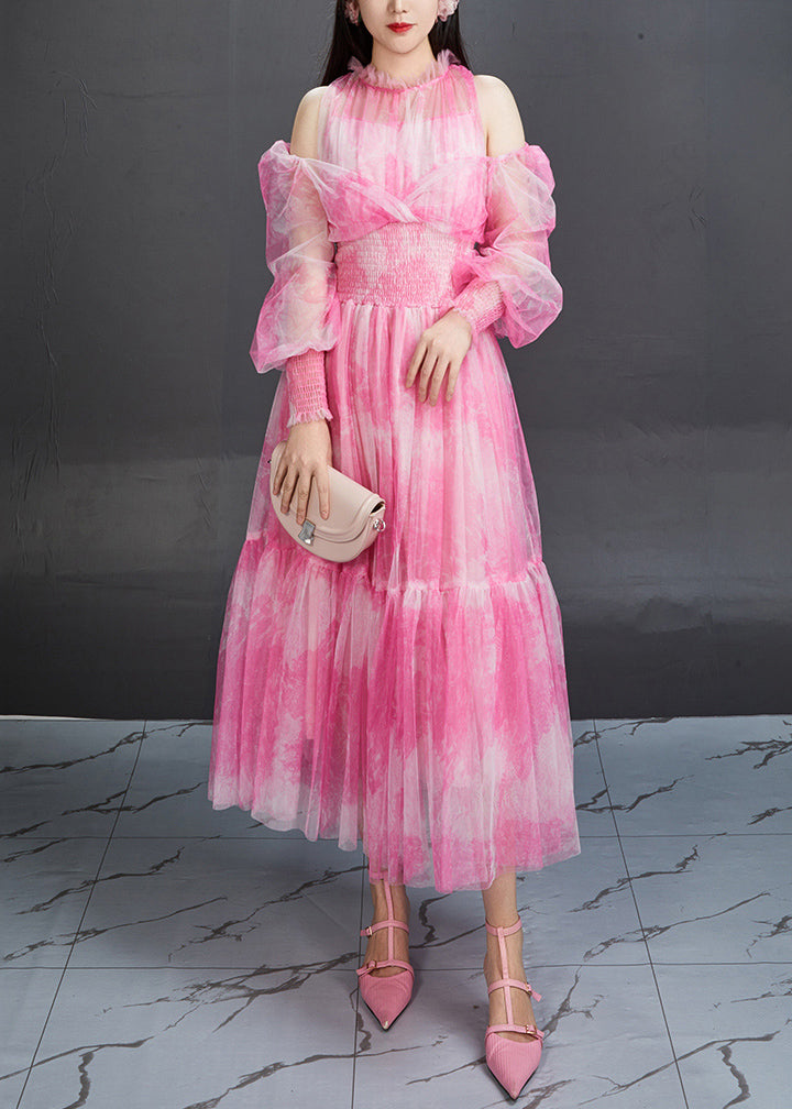 Stylish Pink Ruffled Print Elastic Waist Tulle Long Dresses Fall