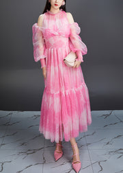 Stylish Pink Ruffled Print Elastic Waist Tulle Long Dresses Fall