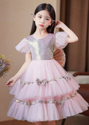 Stylish Pink Sequins Patchwork Bow Exra Large Hem Tulle Baby Girls Maxi Dresses Summer