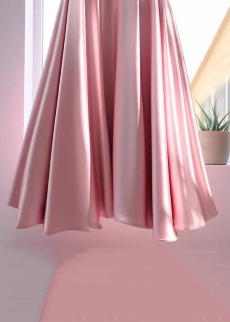 Stylish Pink Solid High Waist Silk Skirt Summer