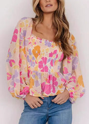 Stylish Pink Square Collar Ruffled Print Tops Spring