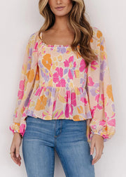 Stylish Pink Square Collar Ruffled Print Tops Spring