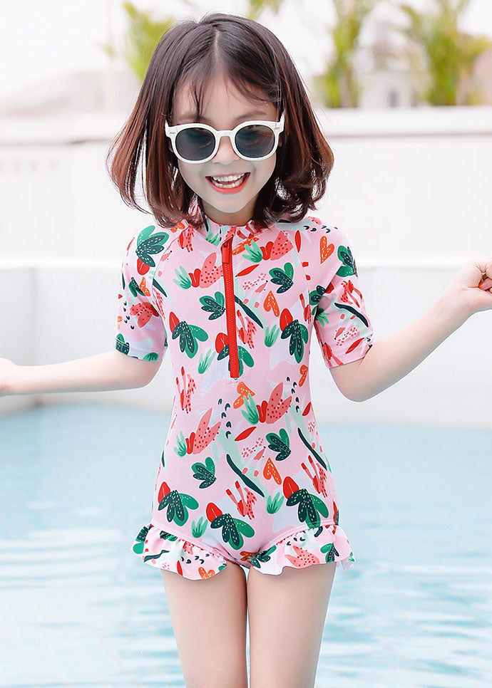 Stylish Pink Stand Collar Zippered Patchwork Kids One Piece Swimsuit Short Sleeve